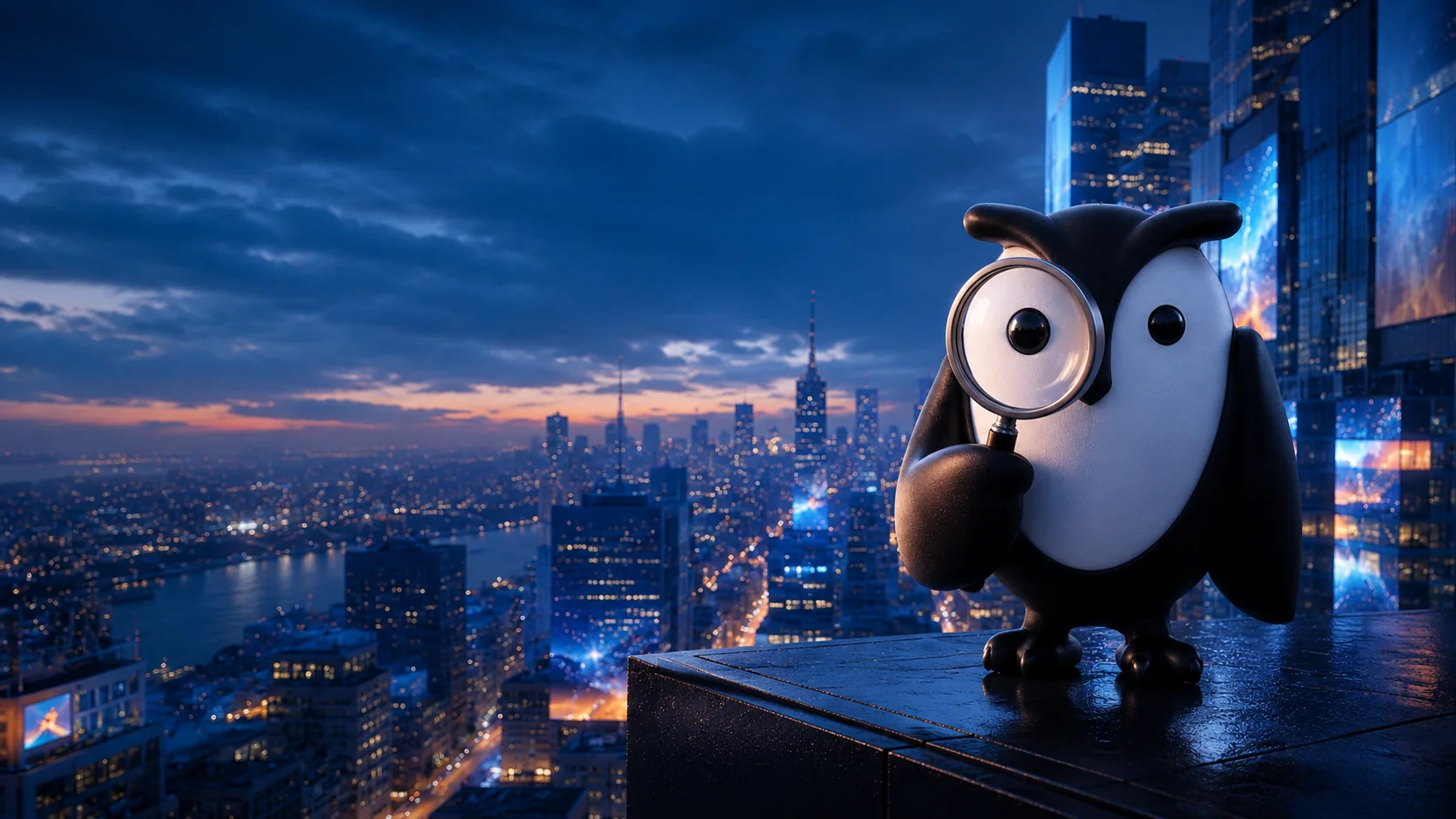 Coruja com lupa observando a cidade ao entardecer